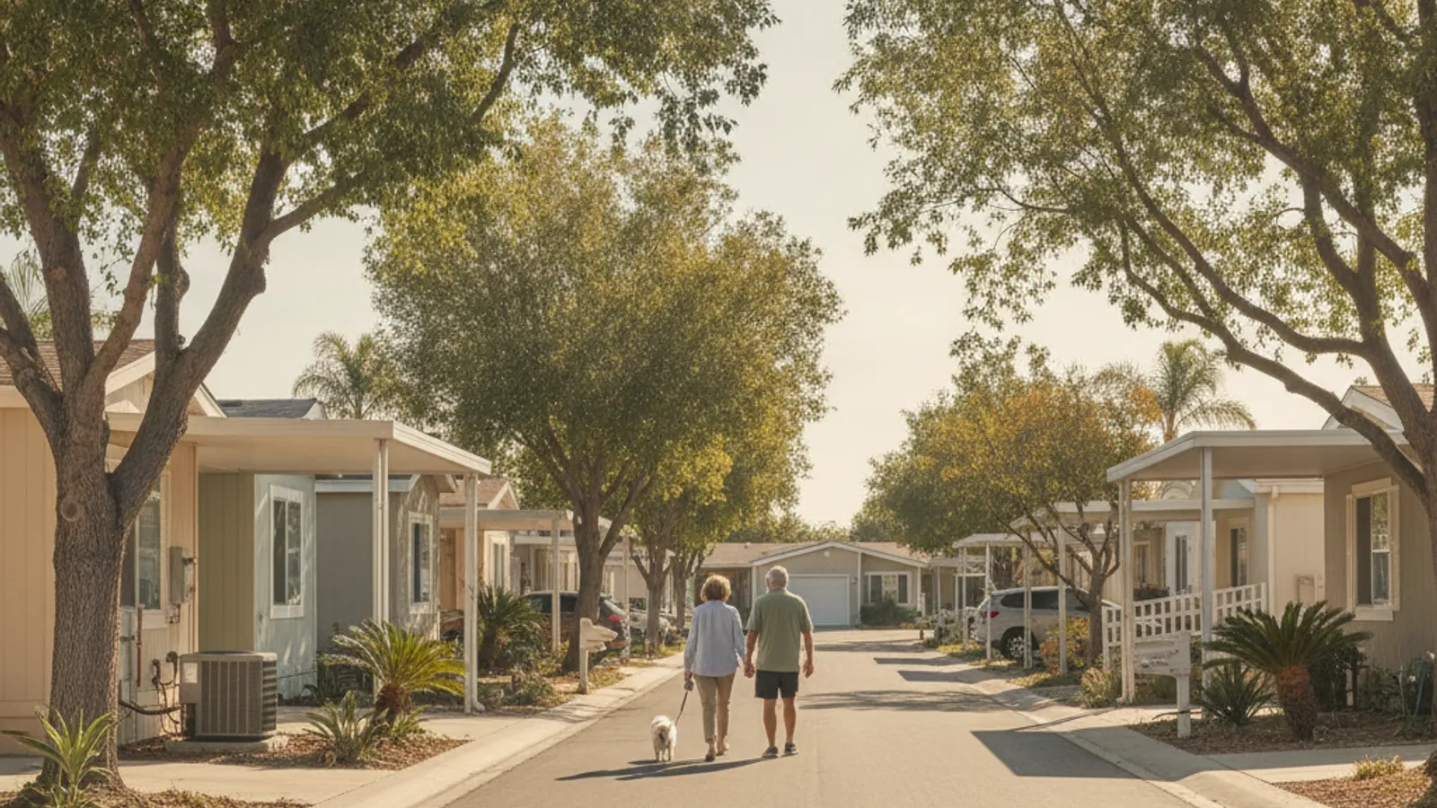 A tidy tree-lined street in a 55+ manufactured home community in San Diego County with a couple walking a small dog