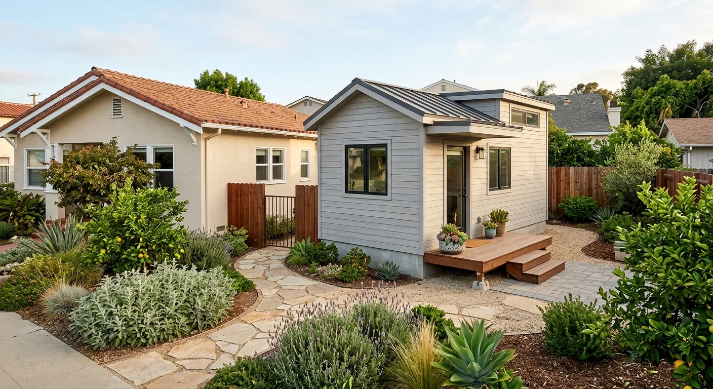 Factory-built backyard home behind a San Diego house with side-yard access