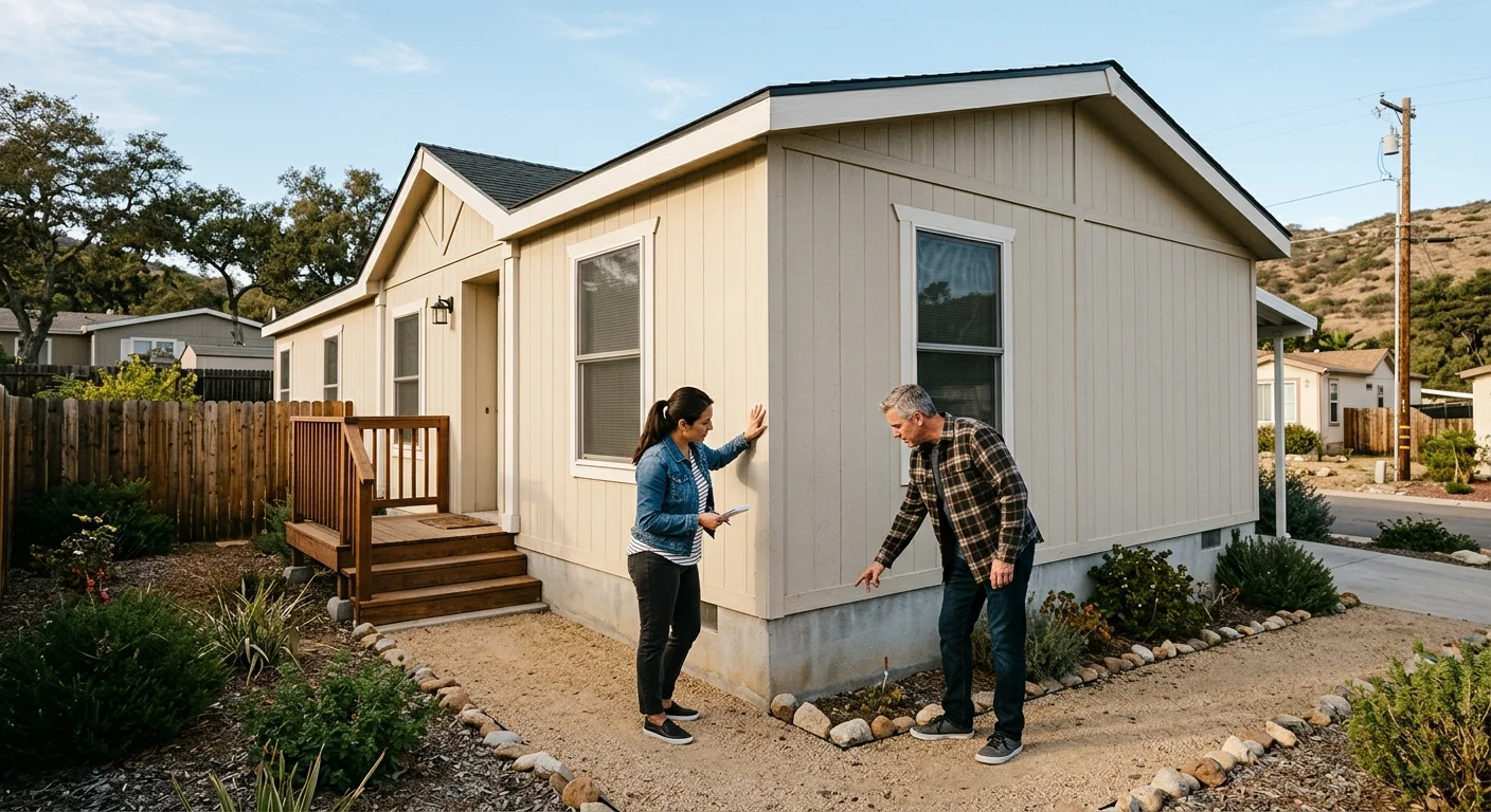 Two adults inspecting an owner-listed manufactured home in San Diego County
