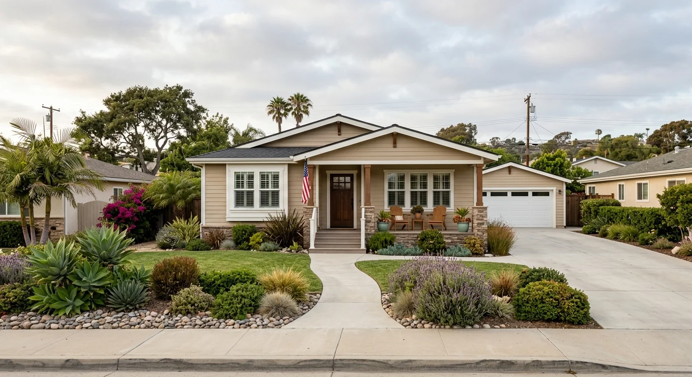 Well-kept manufactured home beneath a soft Carlsbad sky