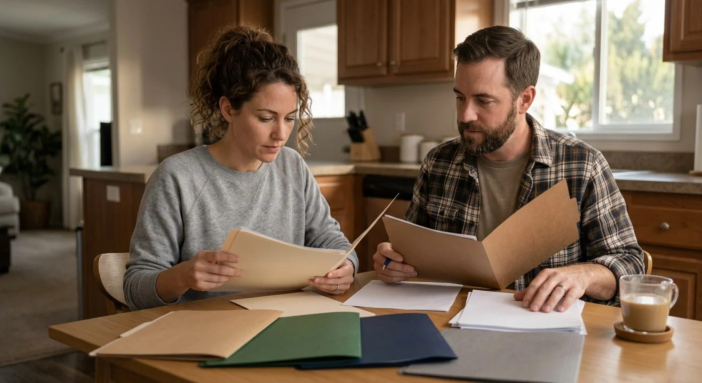 California manufactured-home buyer comparing unbranded loan folders at a kitchen table