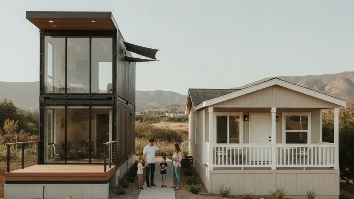 A modern shipping container home with large windows next to a traditional manufactured home on a San Diego County lot