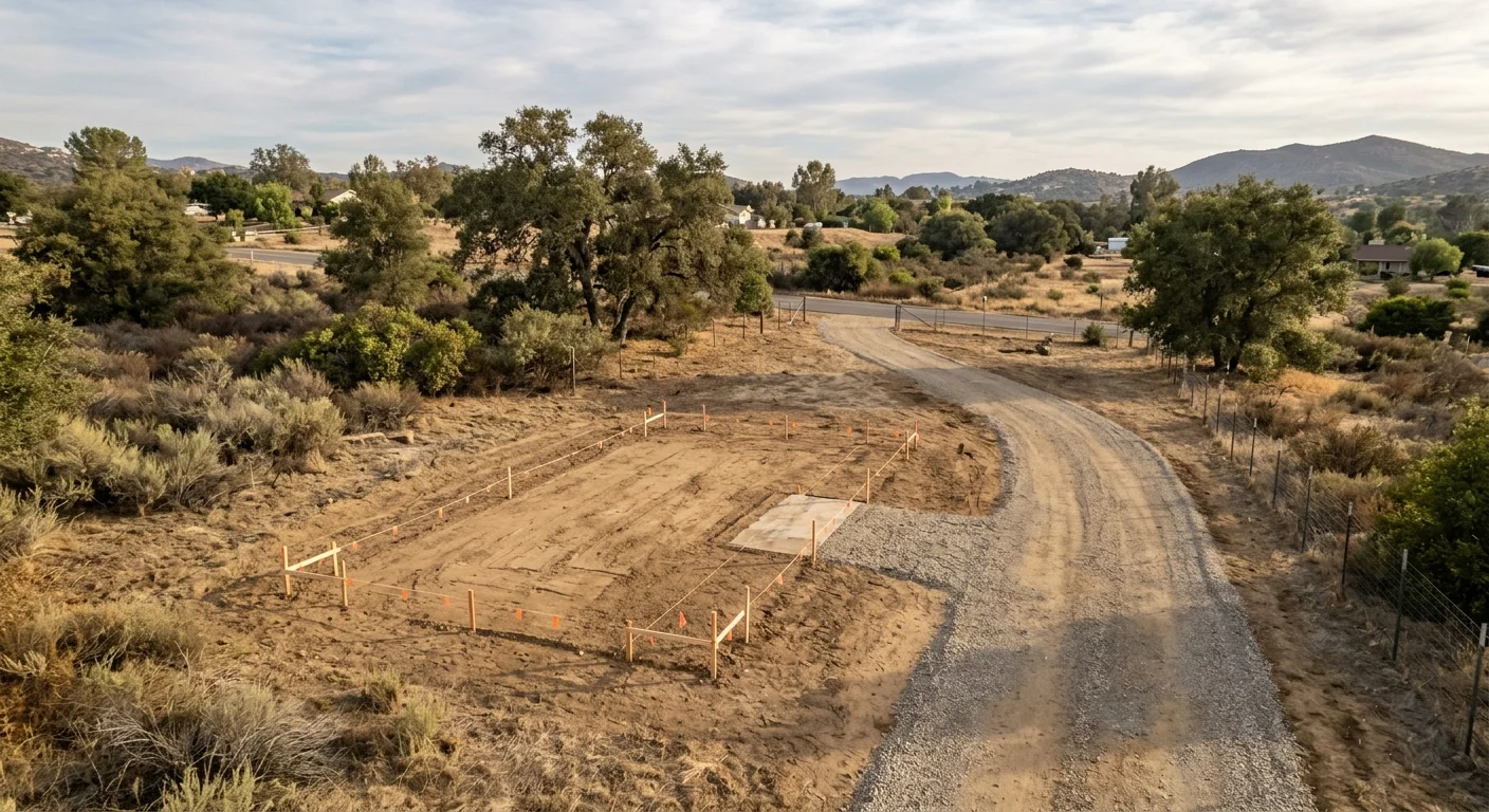 San Diego County residential parcel with a conceptual double-wide manufactured-home footprint and access path