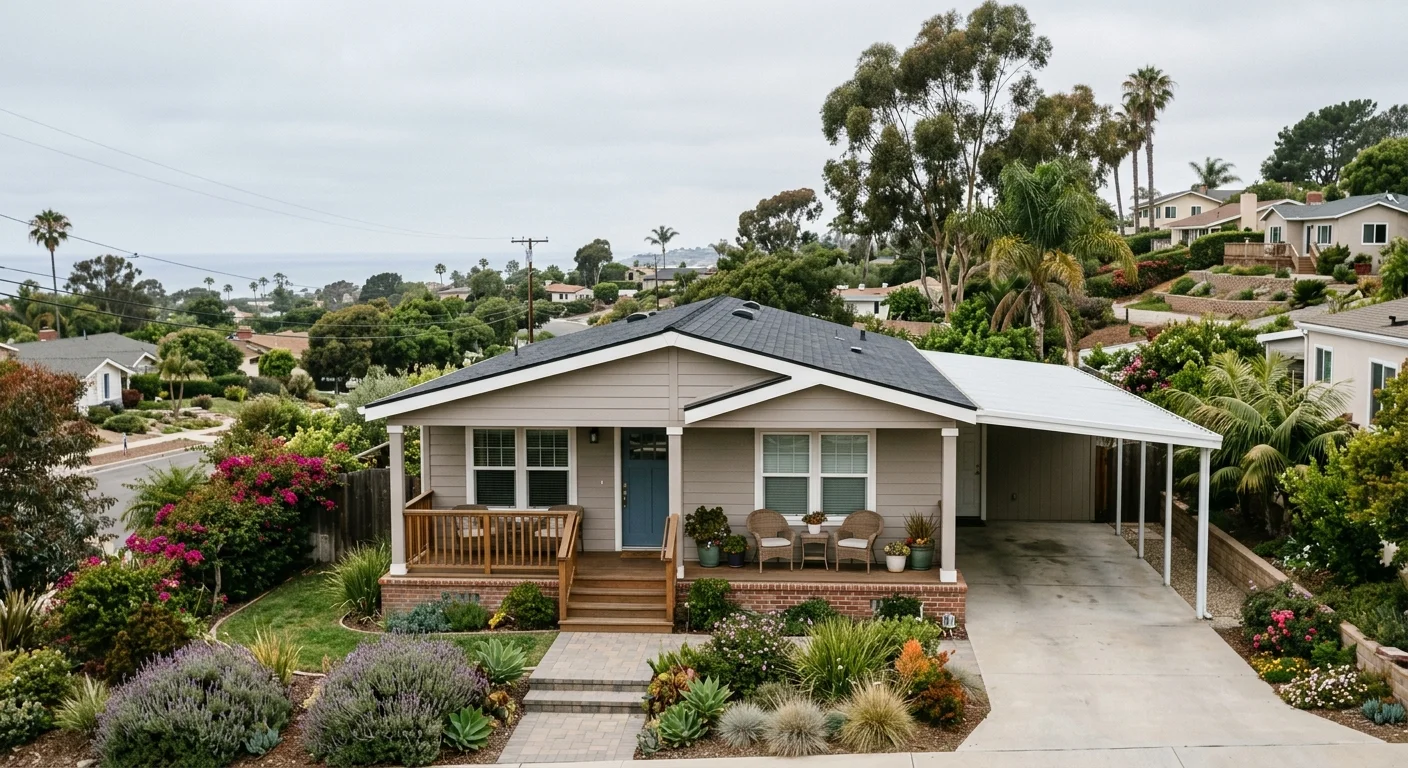 Well-kept manufactured home in coastal Encinitas under a soft marine-layer sky
