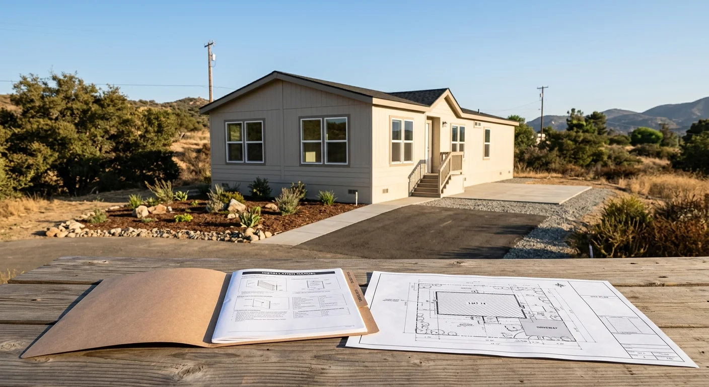 Manufactured home on a prepared lot with a certification folder in front