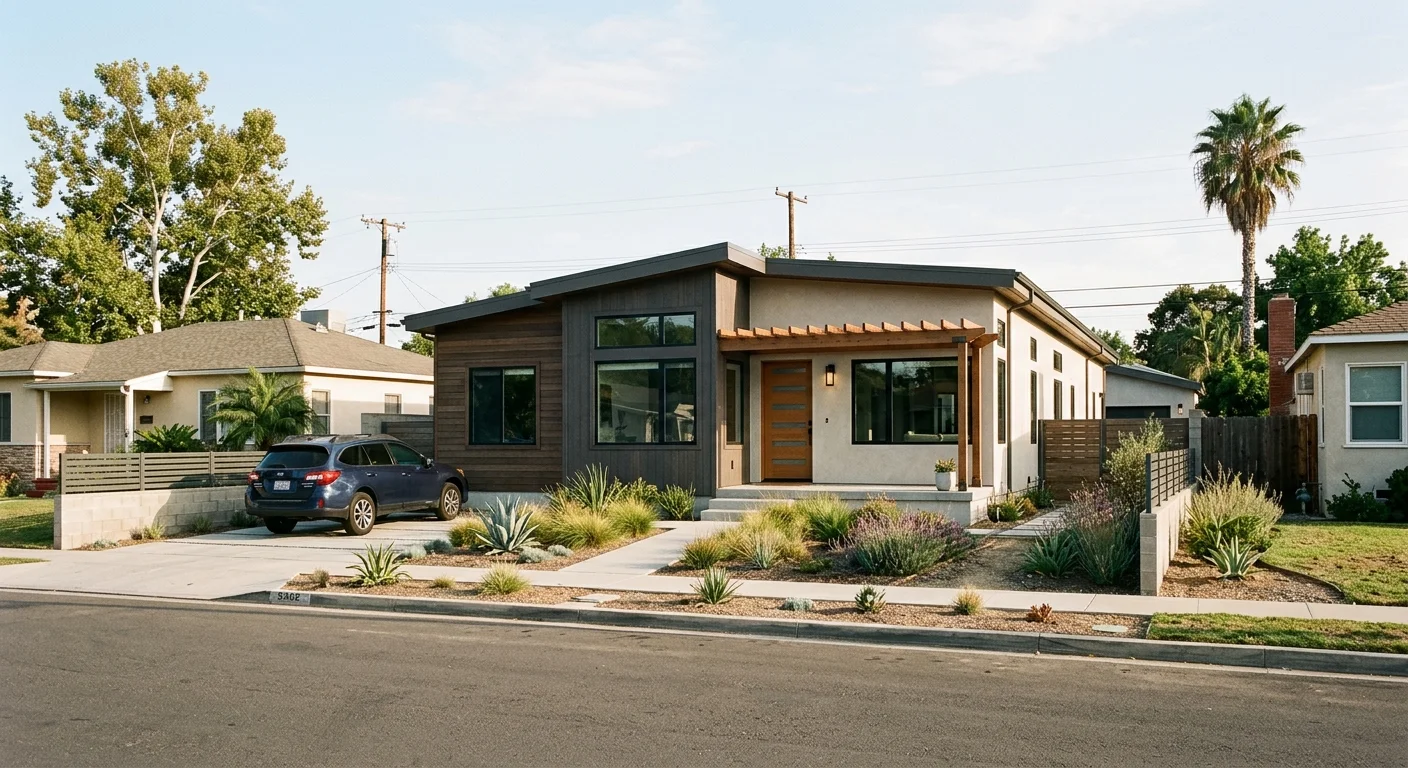 Modern factory-built home on a Southern California suburban lot