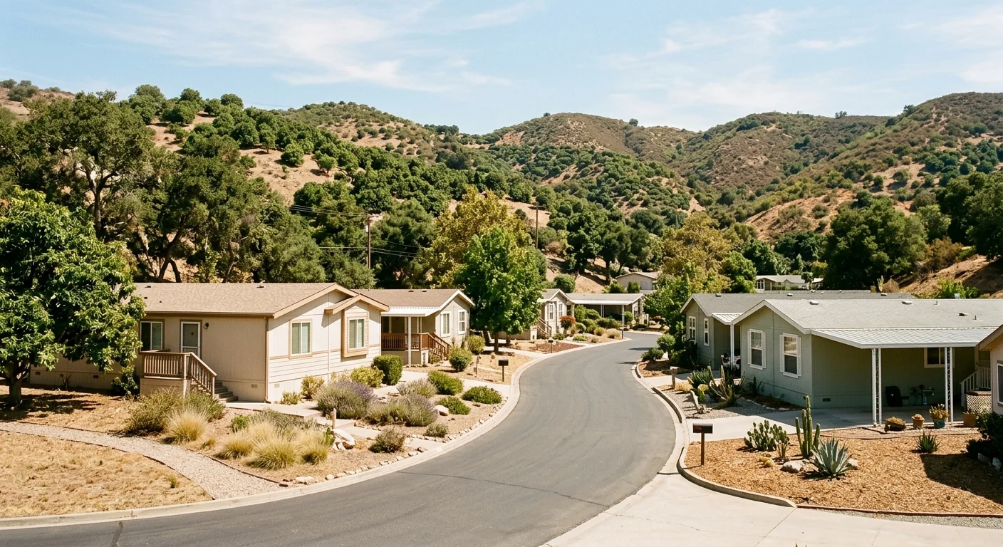 Unbranded manufactured-home community in inland North County Fallbrook with avocado-country hills