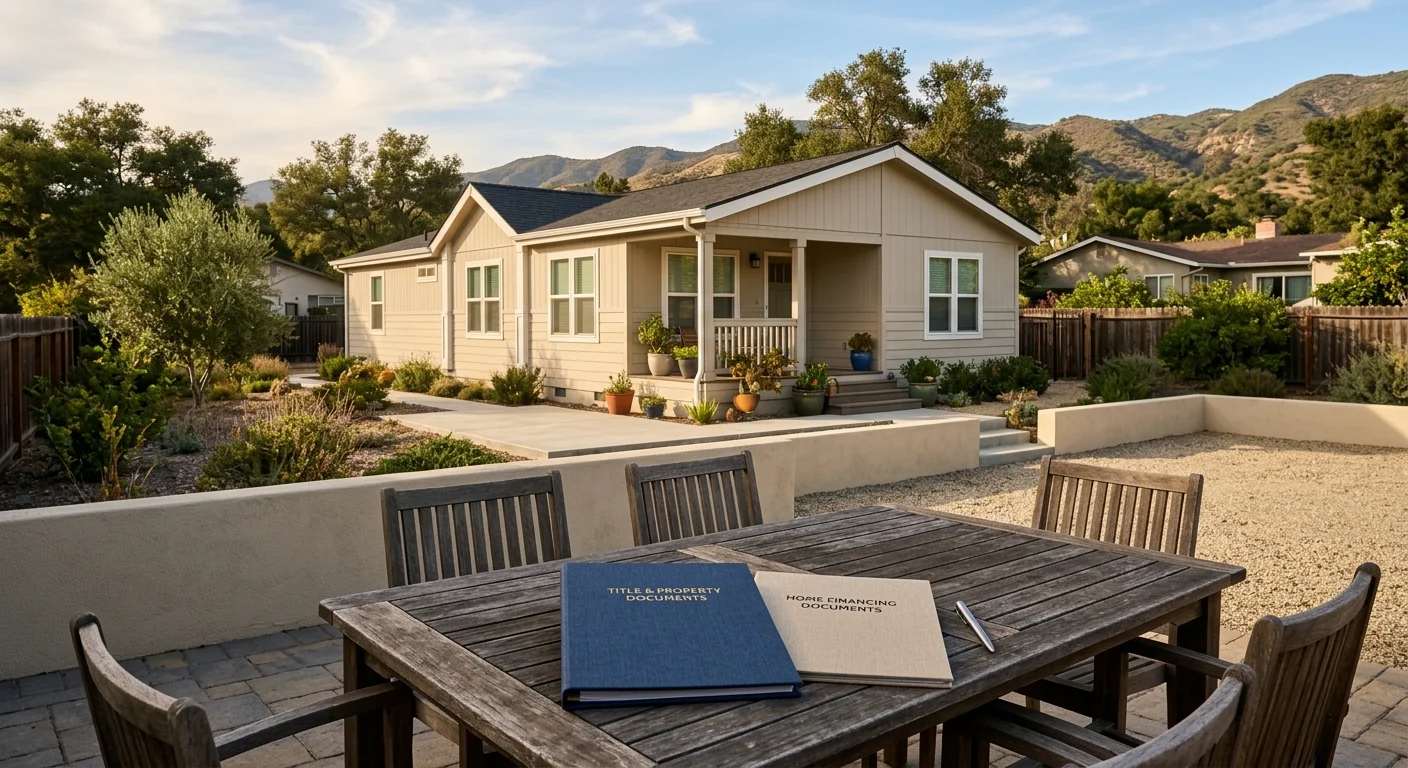 Manufactured home on a Southern California parcel with title folders on a patio table