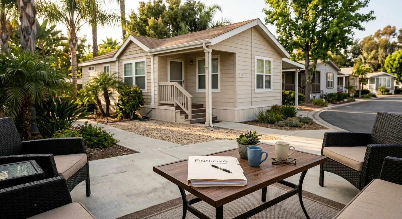 Manufactured home in a California park with a financing folder on a patio table