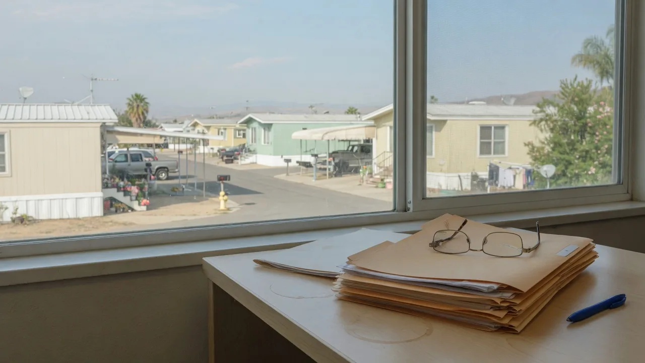 Unbranded folders on a desk with a manufactured-home community visible through the window