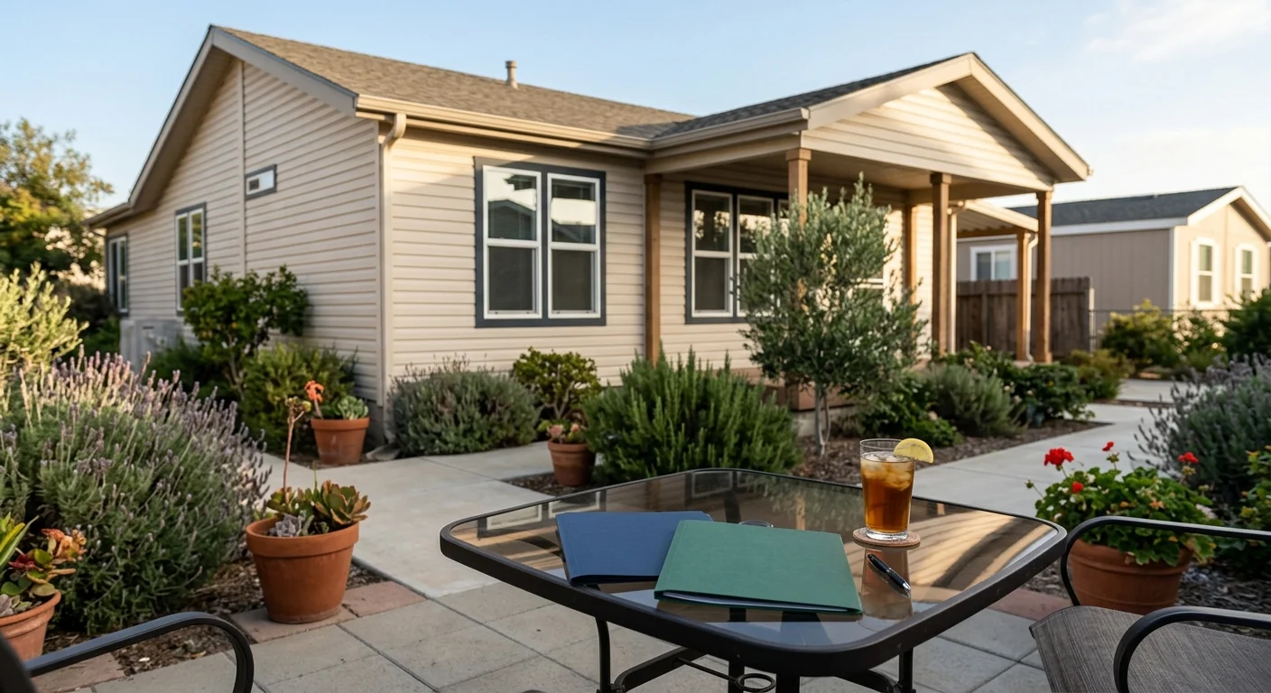 Financing folders on a patio table beside a California manufactured home