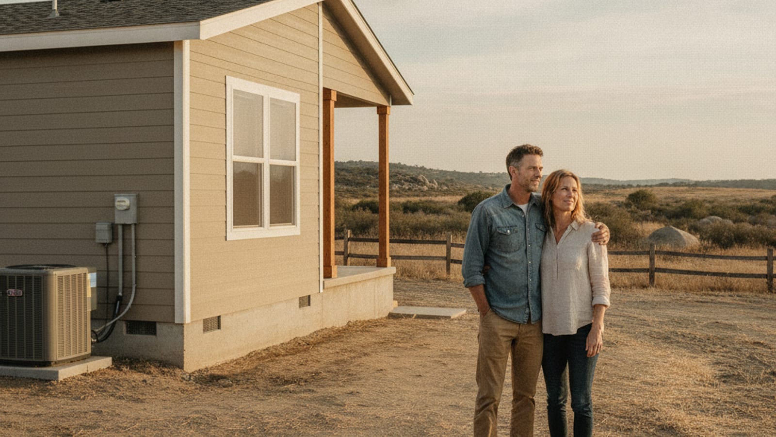 A couple standing in front of their manufactured home on owned land in San Diego County, looking out at the property