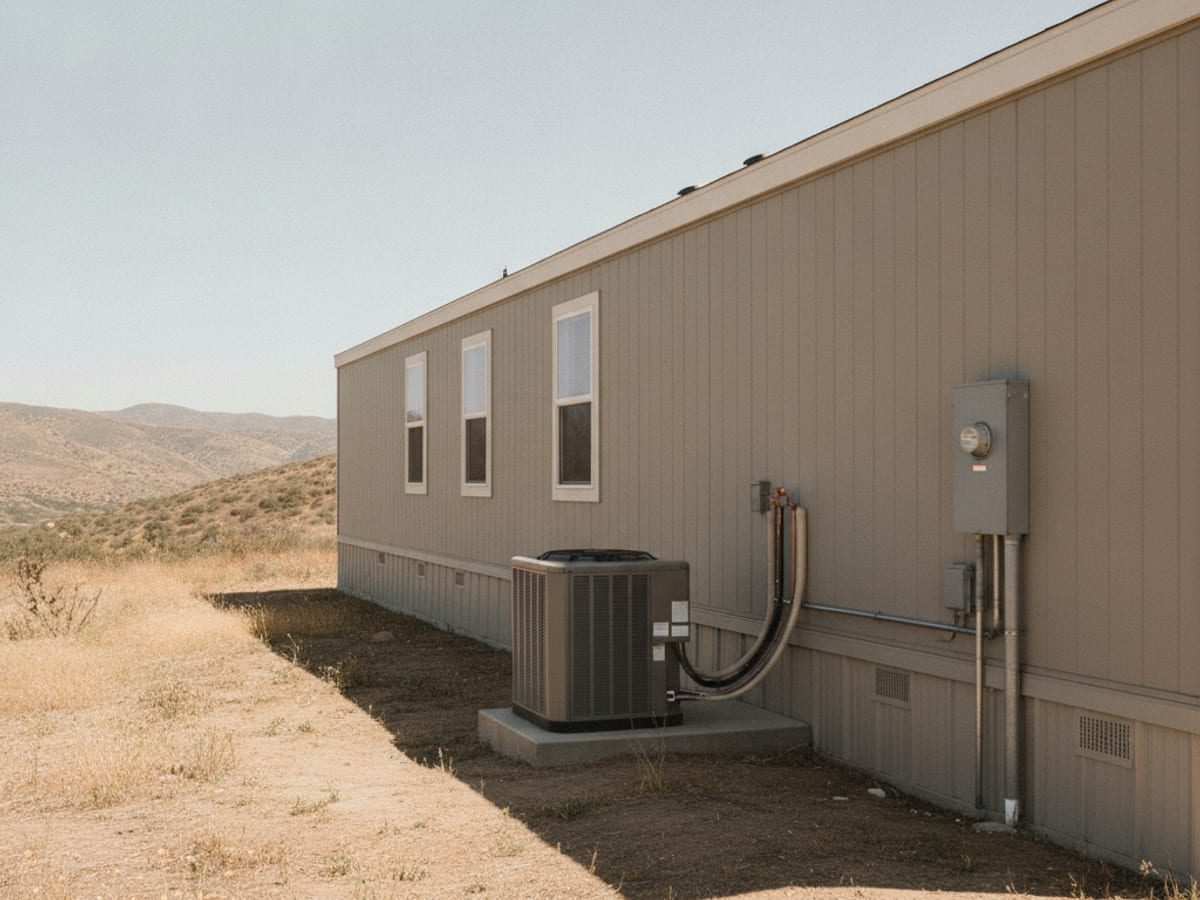 A manufactured home on a permanent concrete foundation on private land in San Diego County with open hills in the background