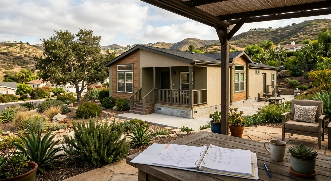 Manufactured home in a La Mesa setting with inland hills and a cost checklist on a patio table
