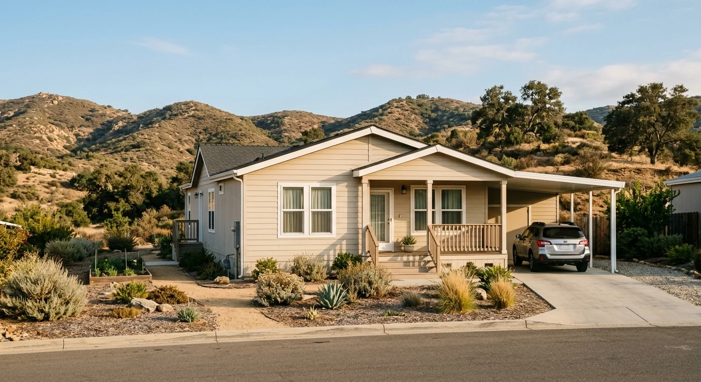 Manufactured home in inland East County San Diego with dry-summer landscaping