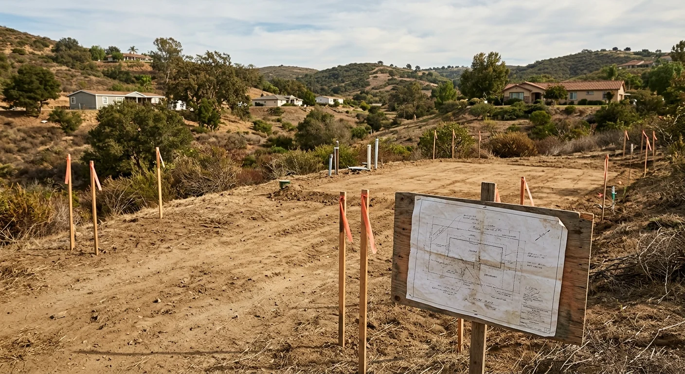 Survey stakes on a San Diego County parcel beside a manufactured home site plan