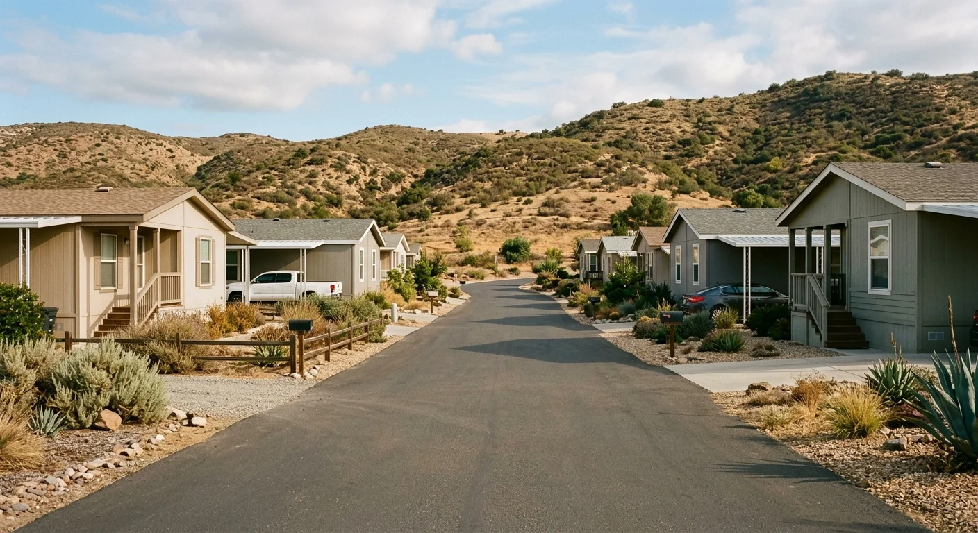 Inland East County manufactured-home street with dry landscaping and low hills
