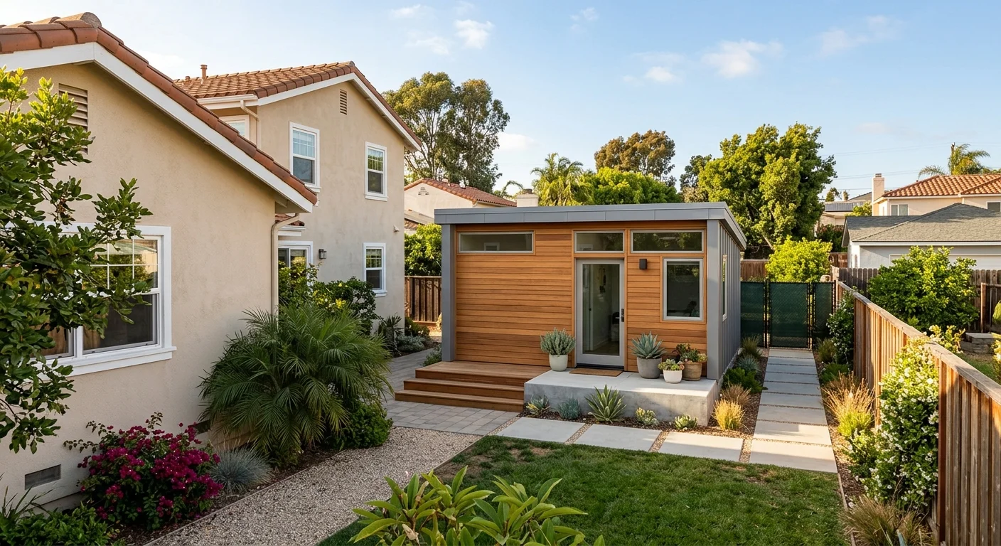 Compact factory-built ADU behind a San Diego home with visible side-yard access