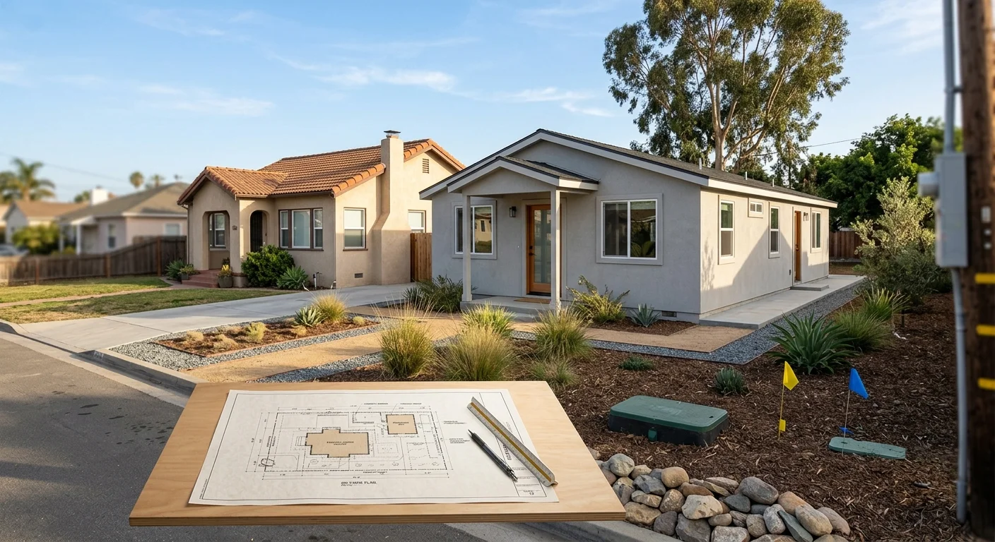 Factory-built backyard ADU on a San Diego lot with subtle unbranded utility markers