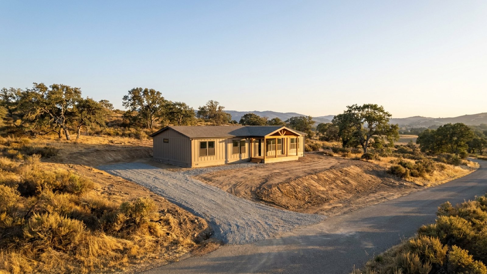 A new manufactured home set on a graded private lot in the San Diego County backcountry, with oak-covered hills in the background