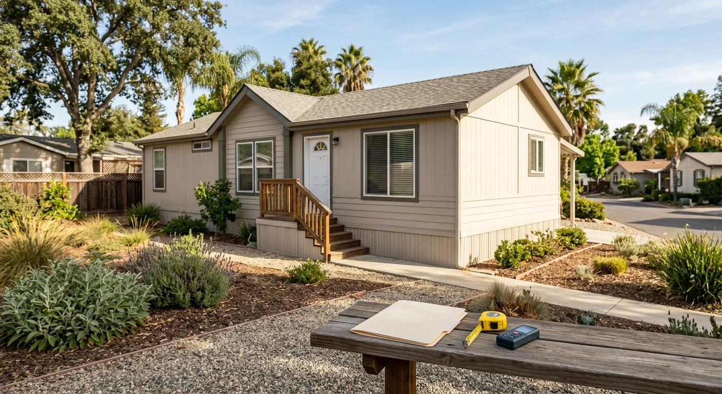 California manufactured home beside an appraisal folder and measuring tools