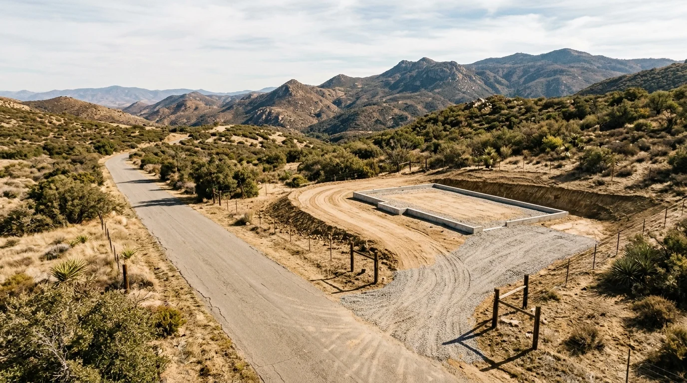 Rural road approaching a San Diego County parcel under review for manufactured home delivery