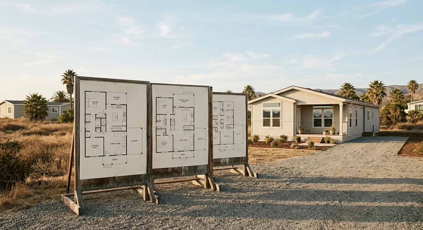 Manufactured home floor plan concepts beside a Southern California home
