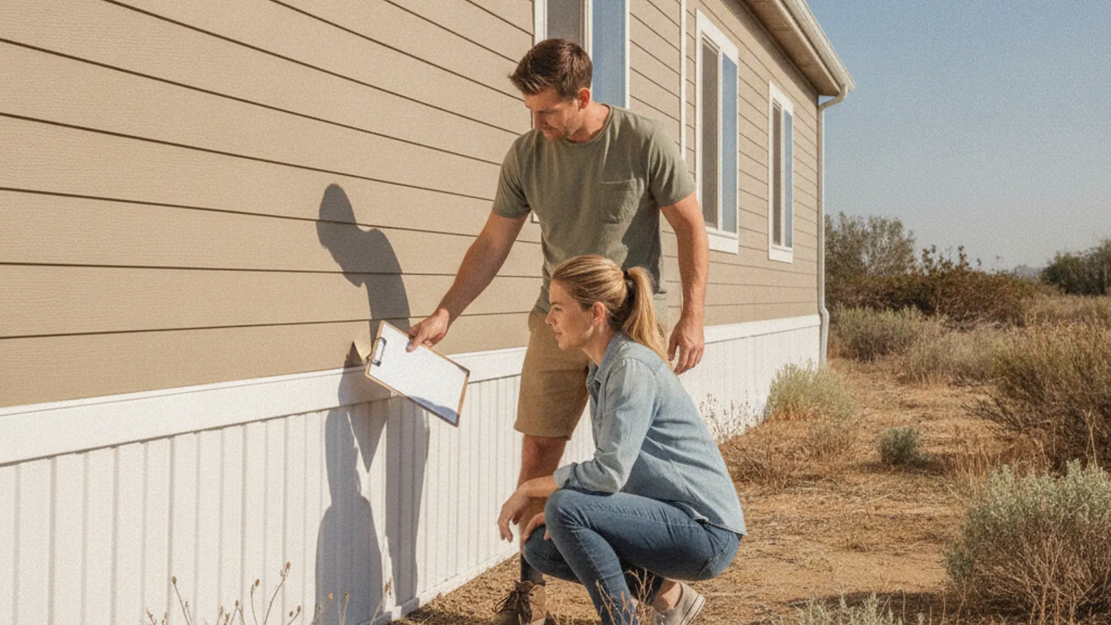 A couple walking the exterior of a manufactured home with a clipboard, checking the skirting and foundation before making an offer