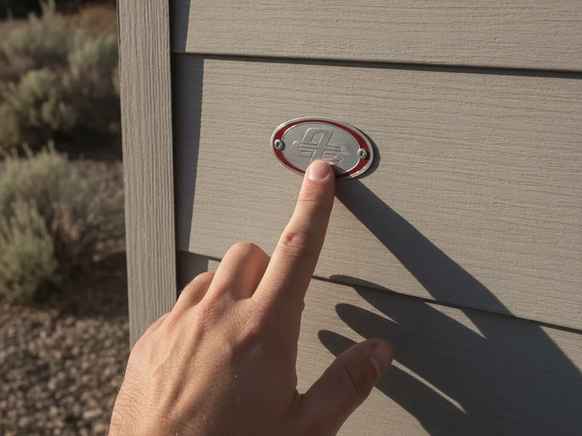 Close-up of a hand pointing at the HUD certification label riveted to the exterior of a manufactured home