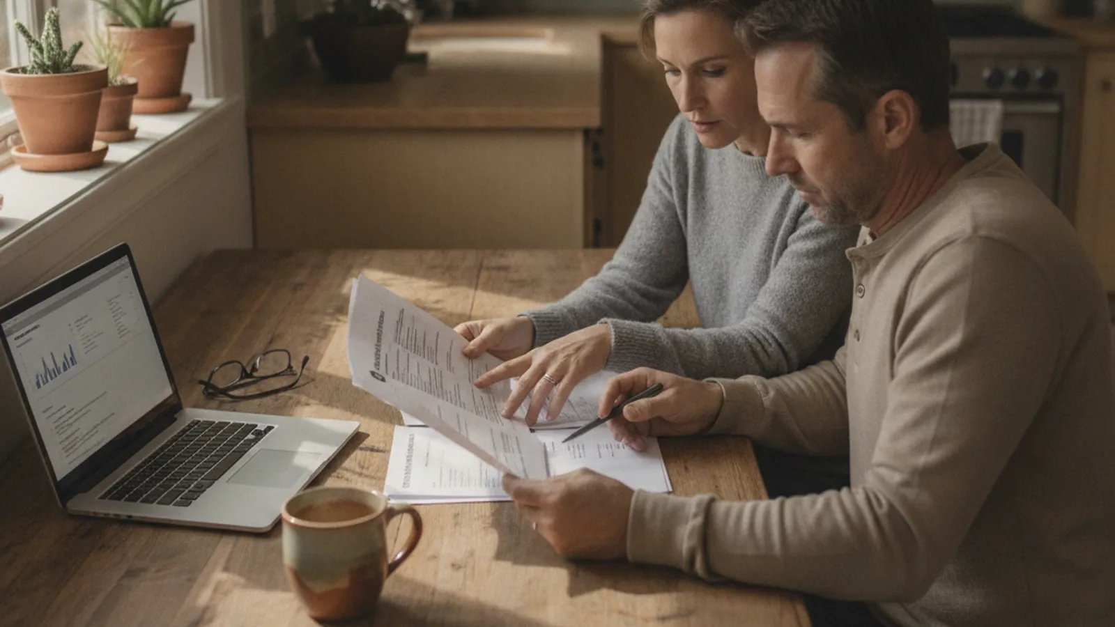 A couple reviewing a manufactured home insurance policy and coverage summary at a kitchen table with a laptop open
