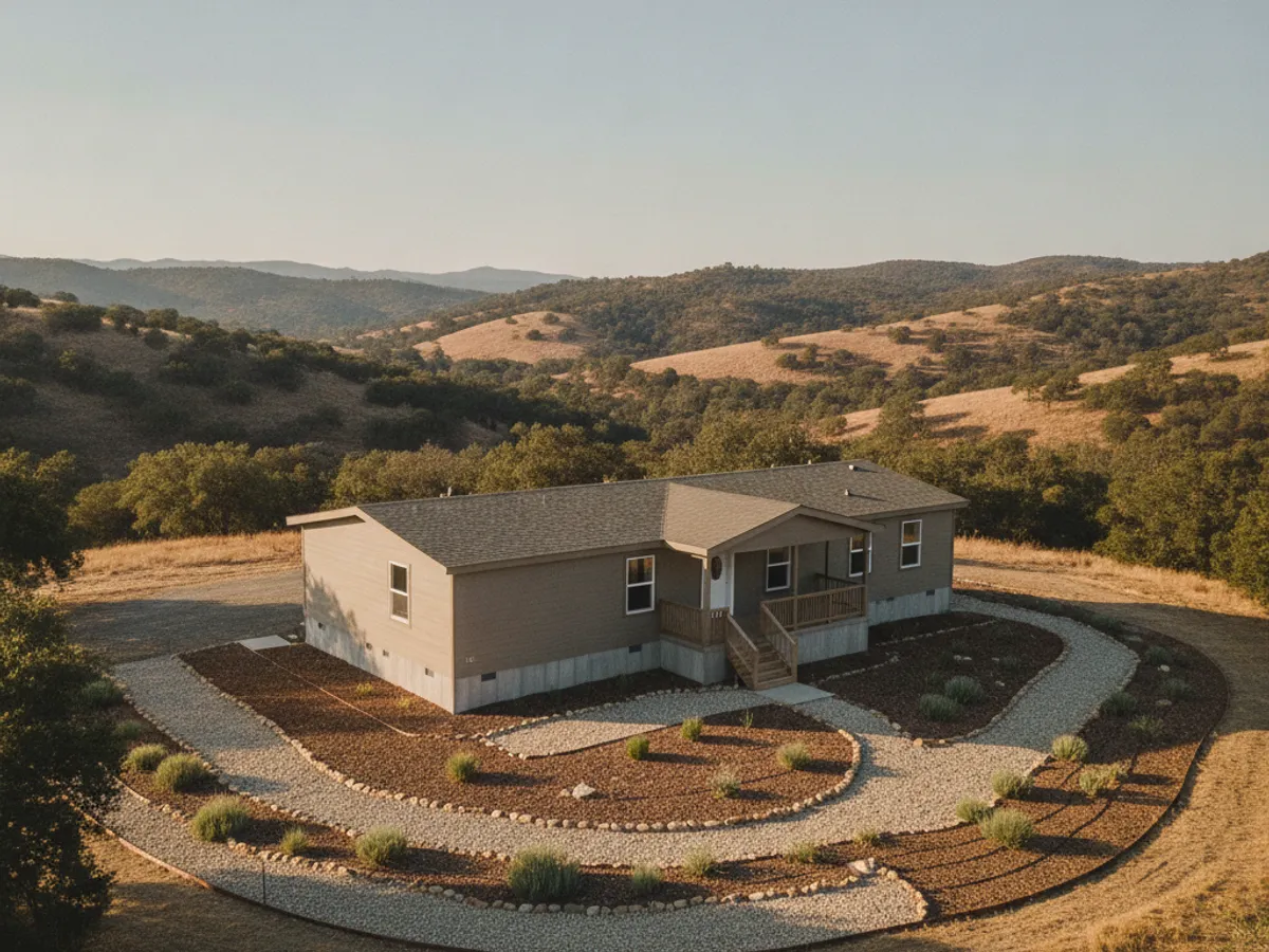 A manufactured home on a private San Diego County backcountry parcel with defensible-space landscaping cleared around the foundation