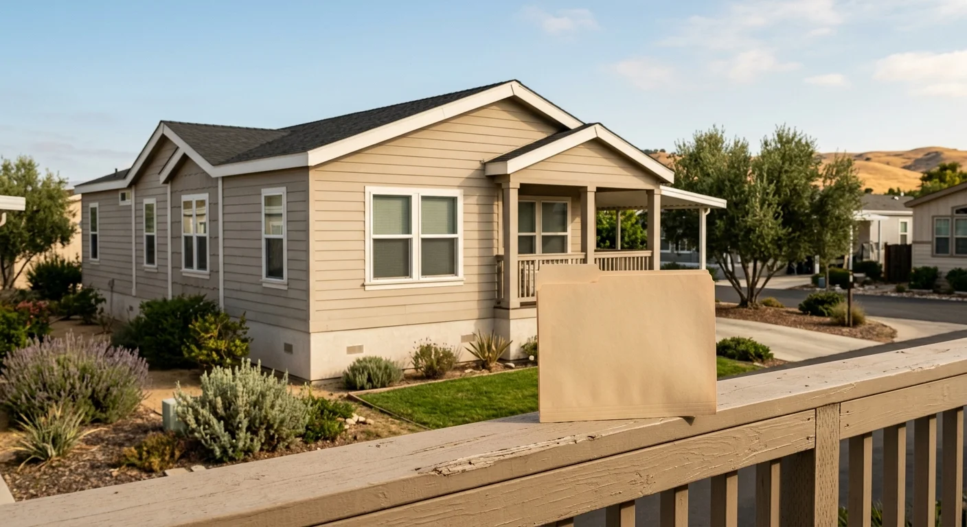 California manufactured home beside an ownership-document folder