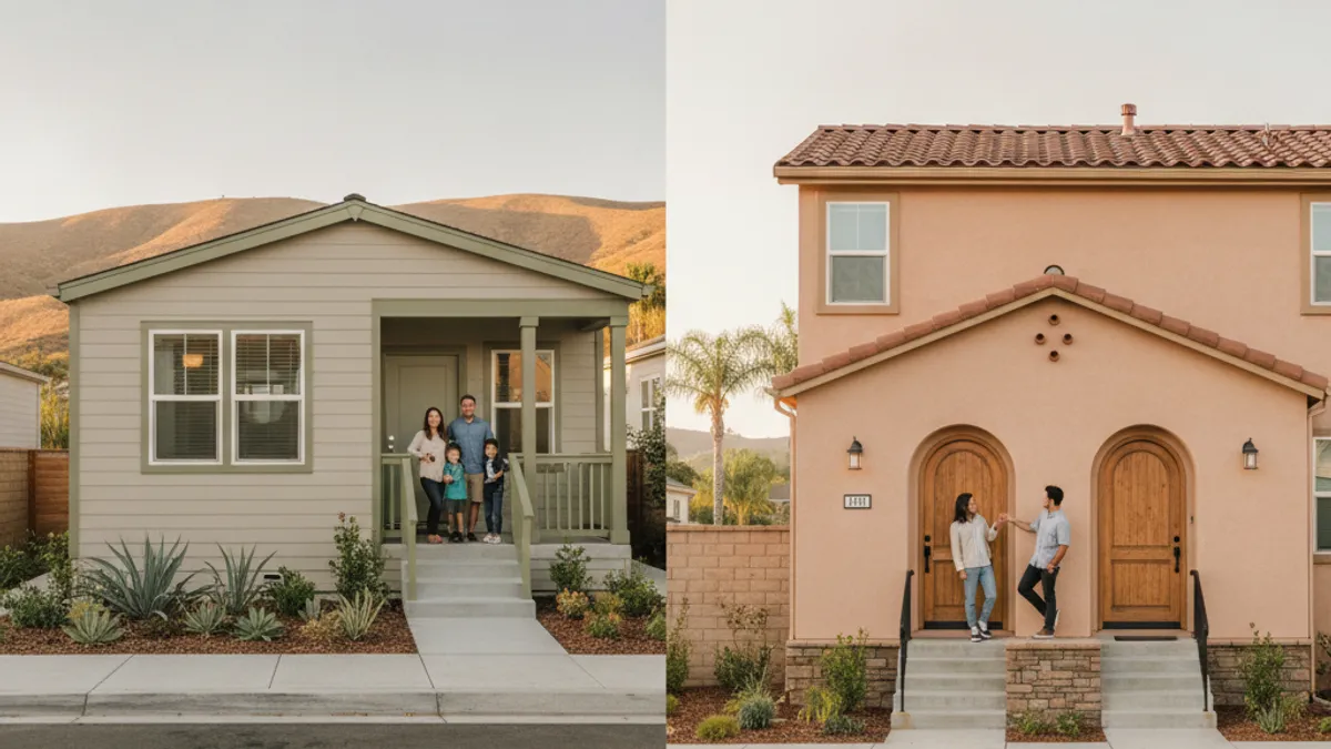 A manufactured home in a San Diego County community next to a two-unit duplex property with separate entrances
