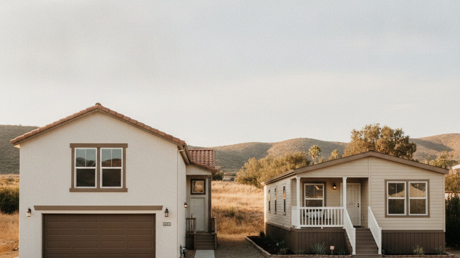 Side-by-side comparison of a manufactured home and a modular home on residential lots in San Diego County