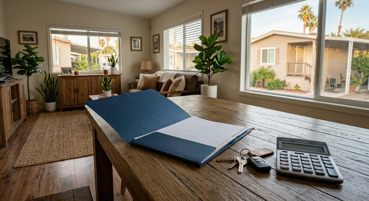 California mobile home with closing documents, keys, and a calculator