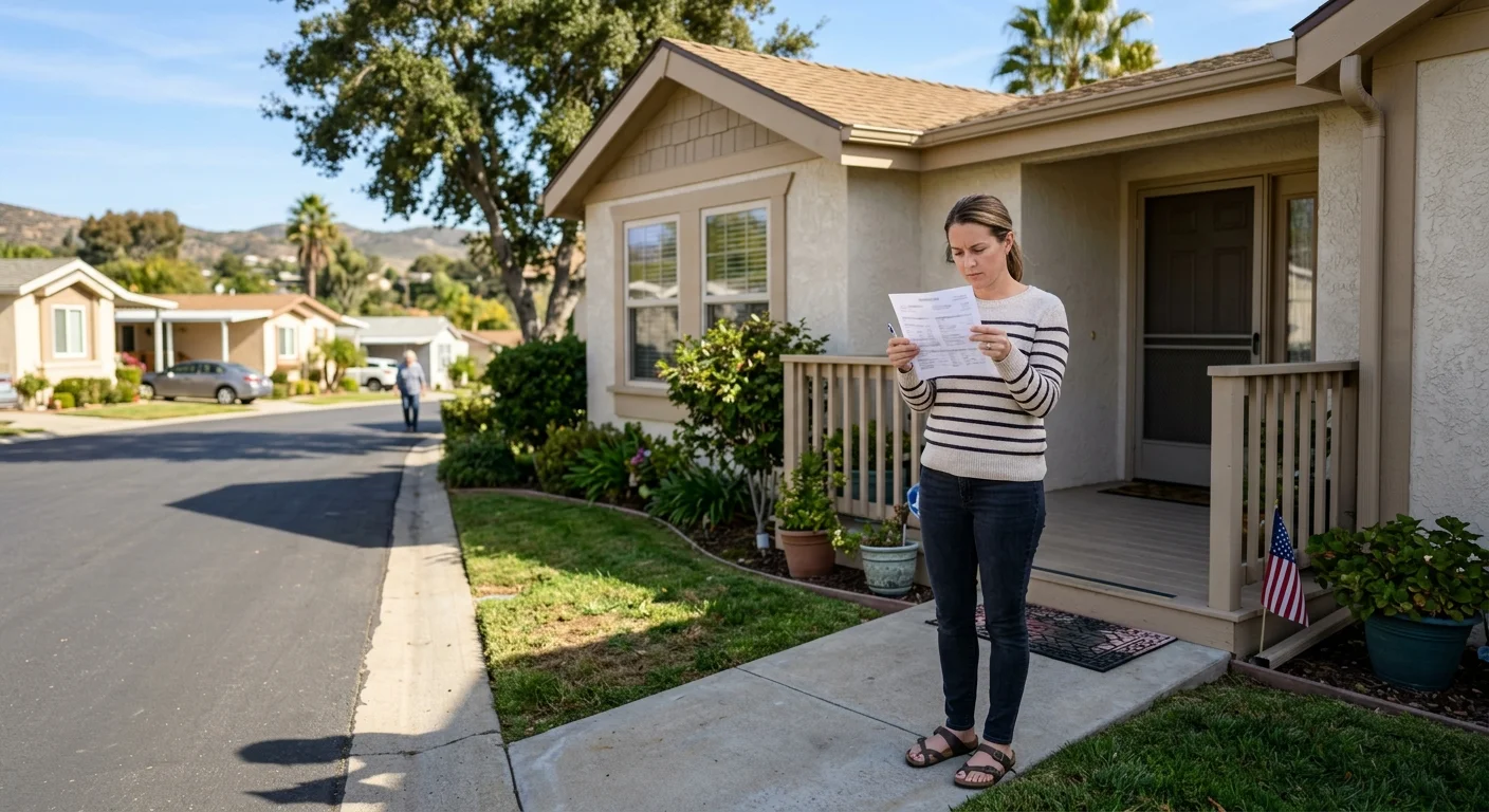 Buyer reviewing a fee checklist outside a manufactured home in San Diego County