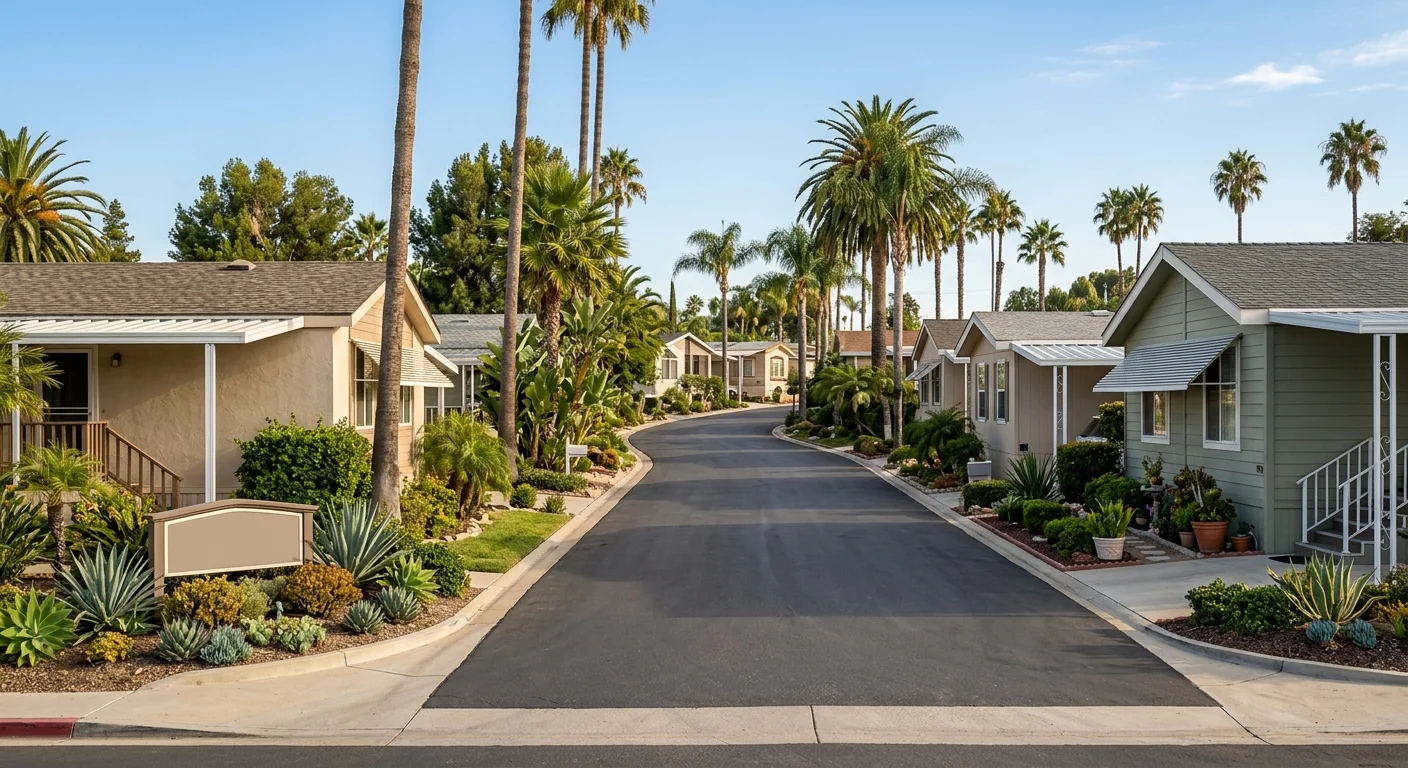 Entrance drive through a mobile home community in San Diego County