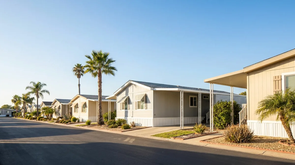 A well-kept mobile home park street in San Diego County with manufactured homes, palm trees, and tidy carports under a clear sky