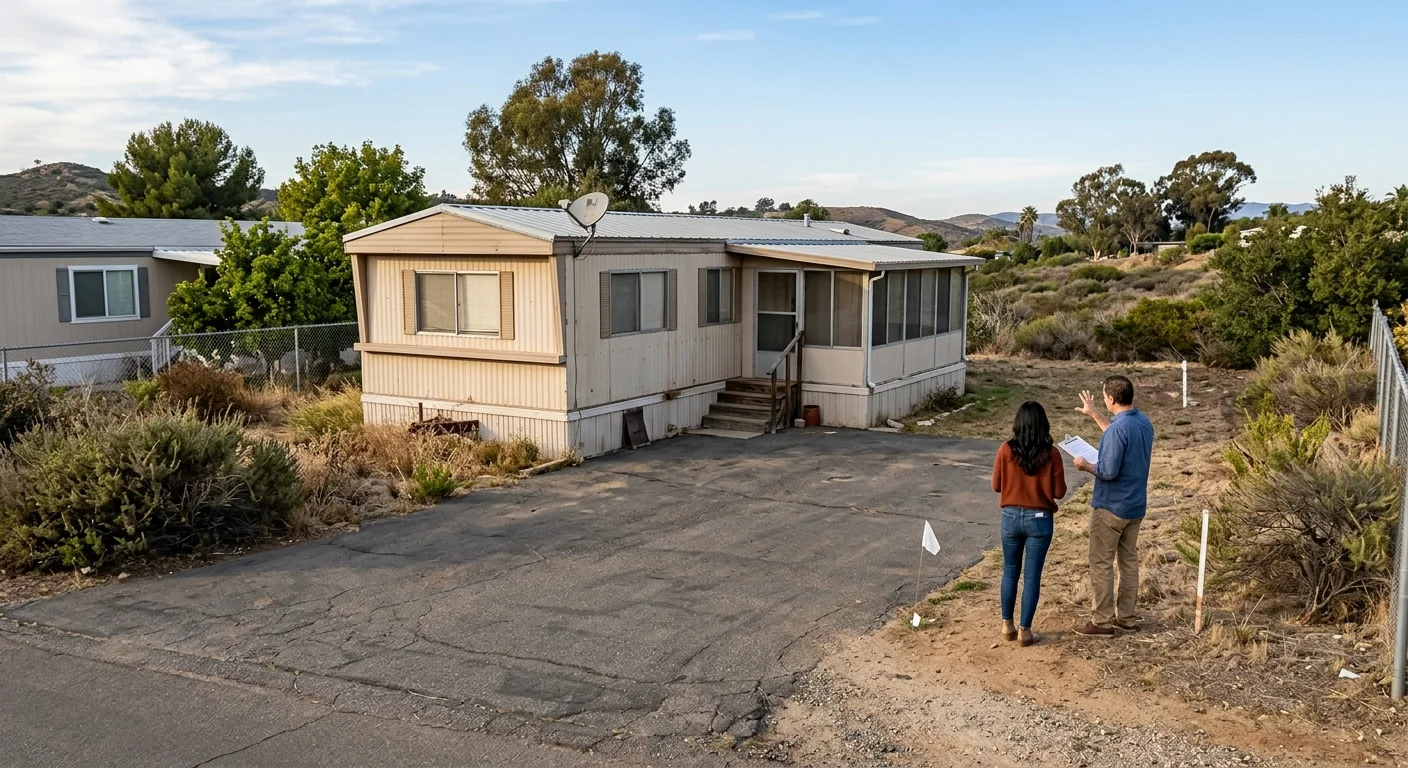 Older mobile home on a San Diego County lot under review