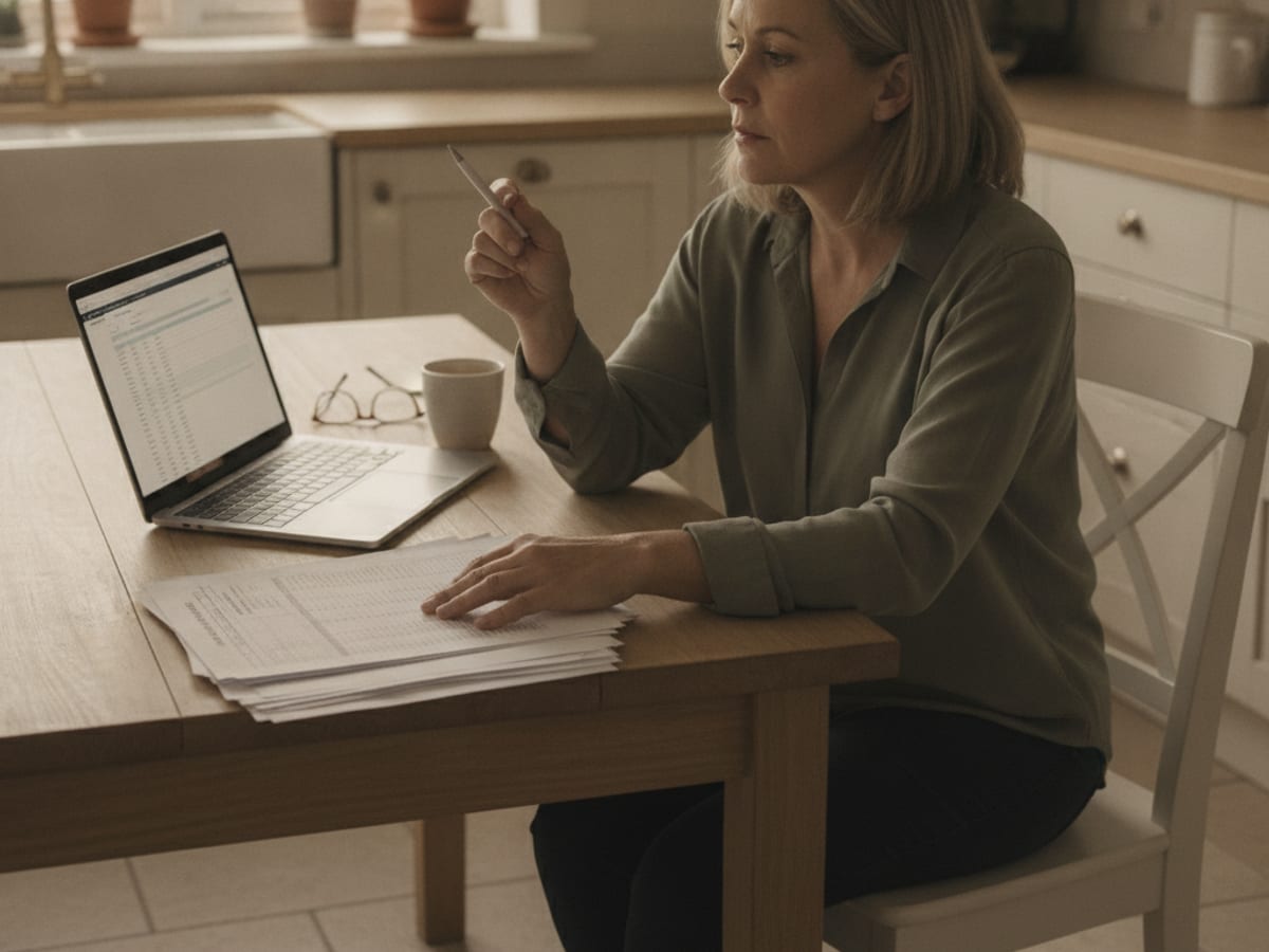 A resident reviewing a park lease and rent schedule at a kitchen table with a laptop showing a spreadsheet nearby
