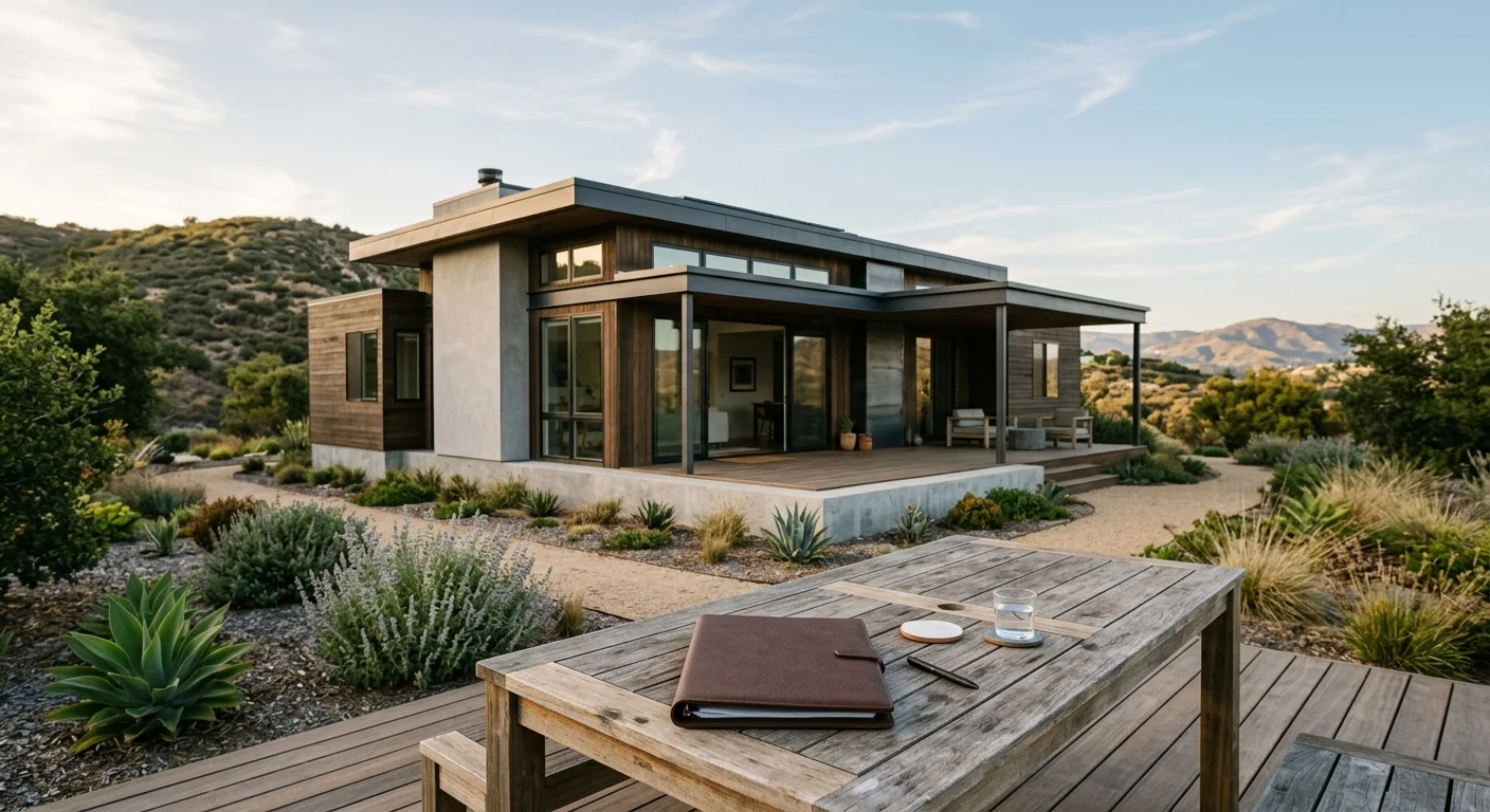 Modern modular home beside an unbranded contract folder in San Diego County