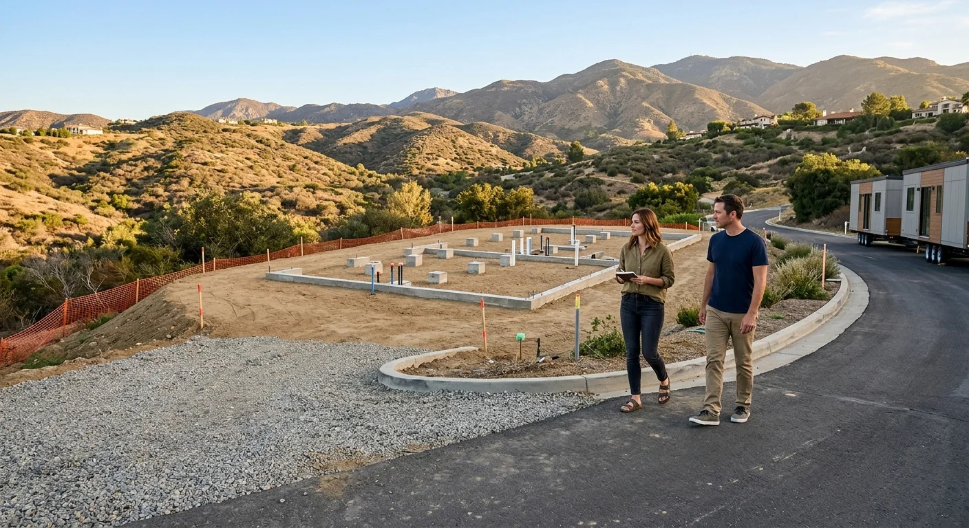 Modern modular home site prepared for a delivery review