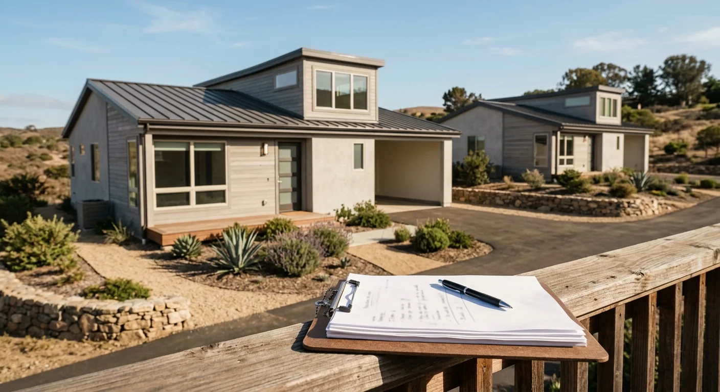 Modern modular home project with an inspection clipboard in the foreground
