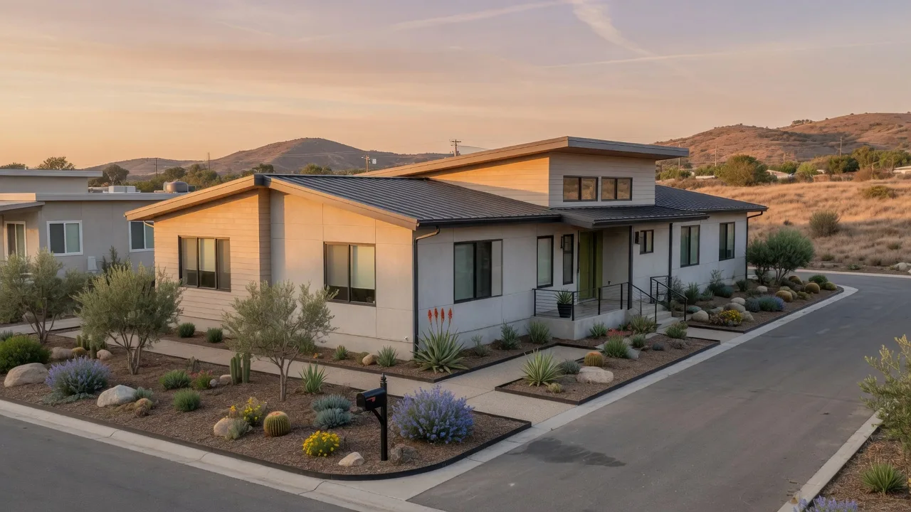 Modern modular home on a Southern California lot with a tour folder