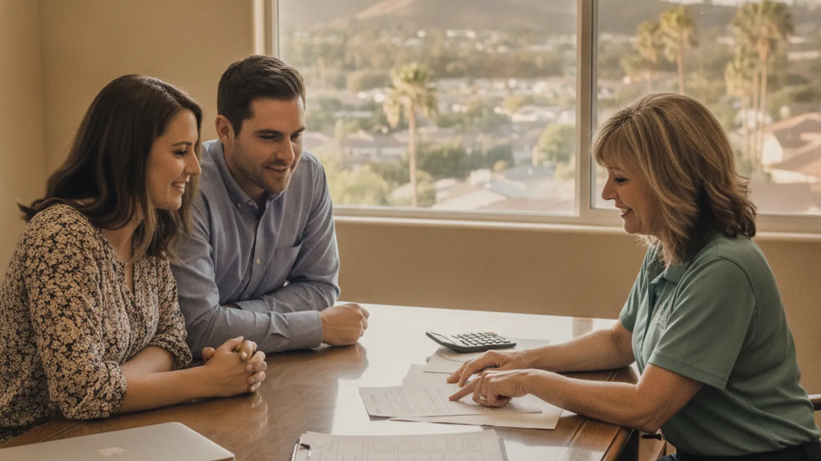 A couple sitting with a loan officer at a desk reviewing manufactured home mortgage paperwork in a San Diego office
