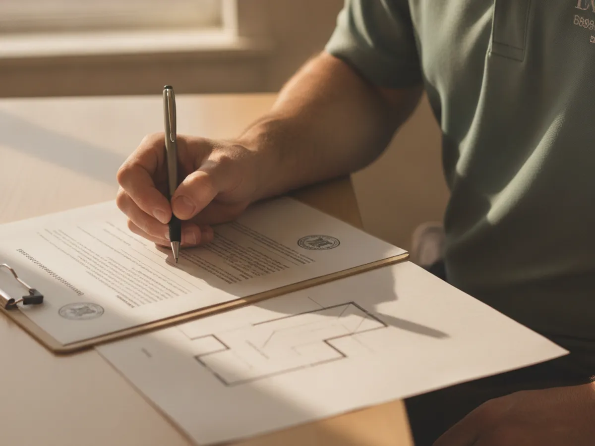 Close-up of a hand signing HCD Form 433A paperwork on a desk, with a pen and a home foundation diagram nearby