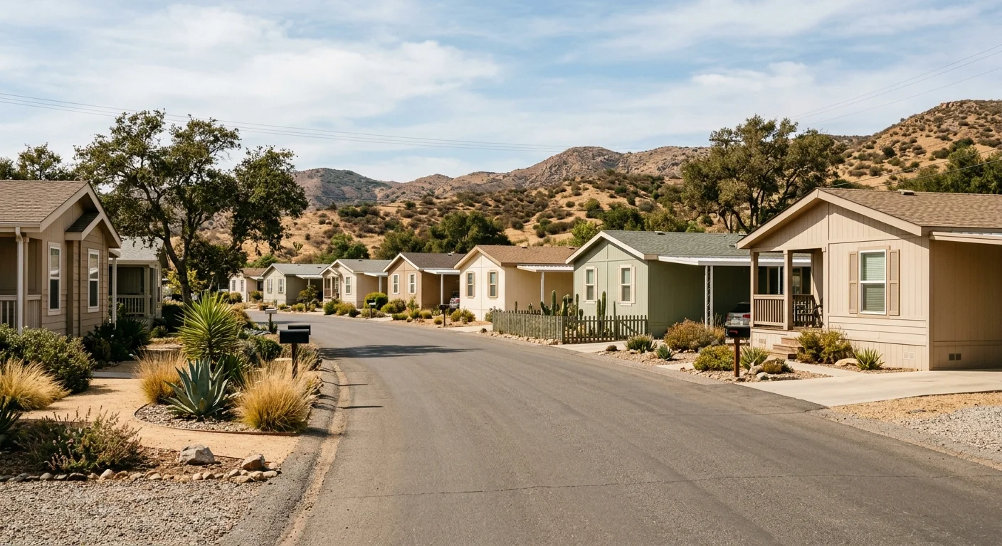 Manufactured-home street in inland East County Santee with dry landscaping
