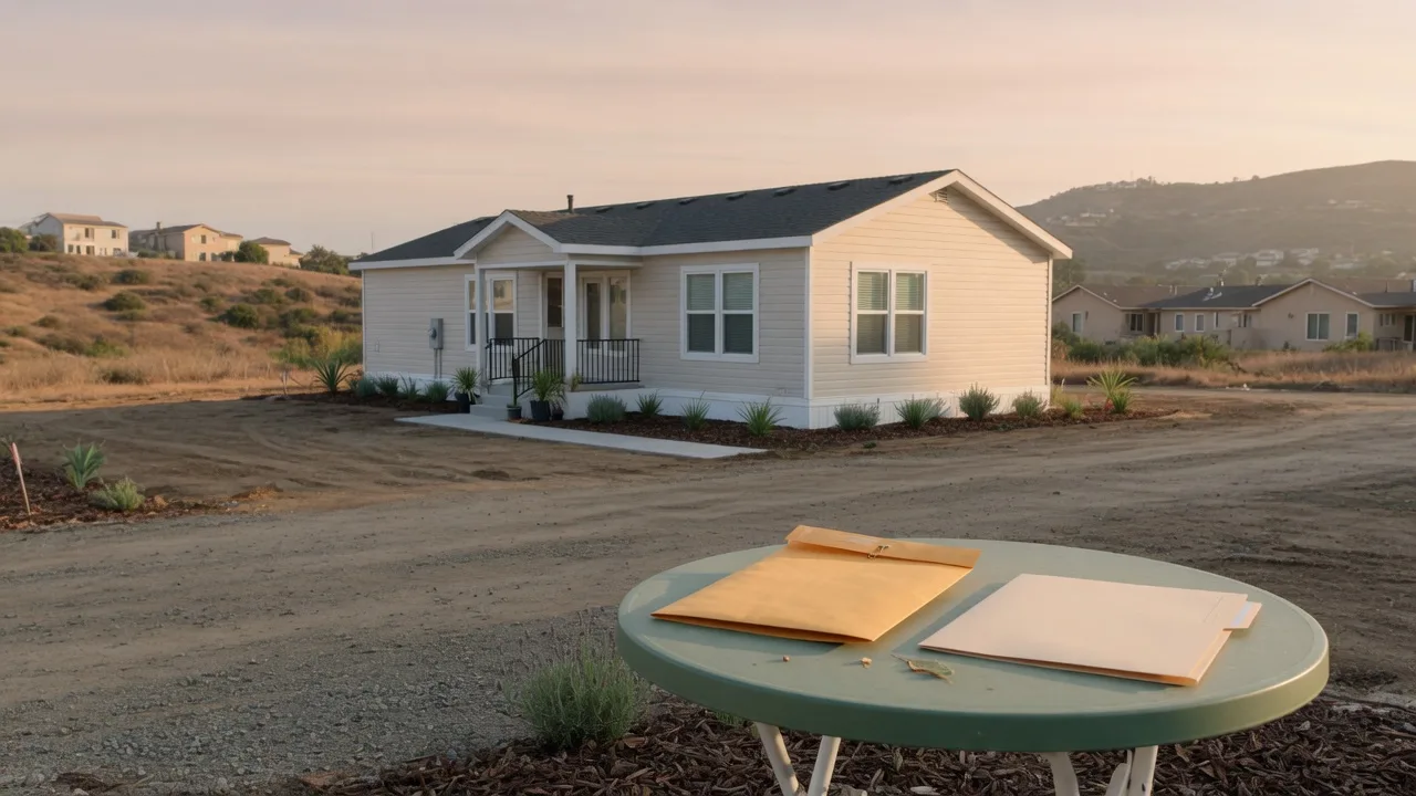 New manufactured home with unbranded warranty folders on an outdoor table