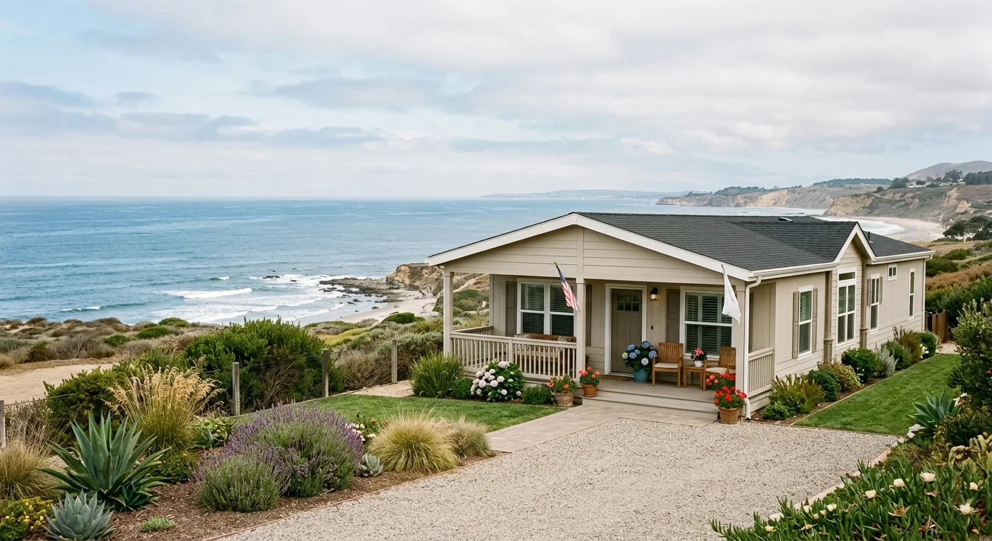 Well-kept manufactured home in an Oceanside setting beneath a soft coastal sky
