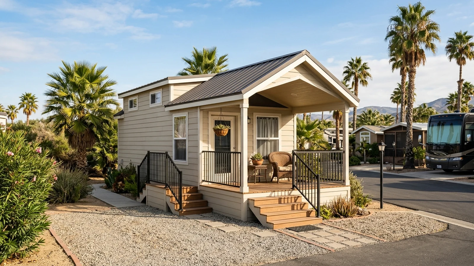 A small park model home with a covered porch parked on a gravel pad in a San Diego County RV resort community